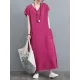 Simple Ramie Cotton Solid Color Split-Side With Pocket V-Neck Short Sleeves Maxi Dress Simple Ramie Cotton Solid Color Split-Side With Pocket V-Neck Short Sleeves Maxi Dress