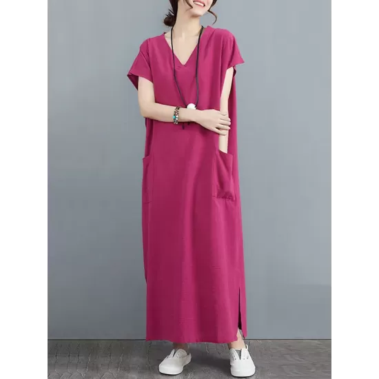 Simple Ramie Cotton Solid Color Split-Side With Pocket V-Neck Short Sleeves Maxi Dress Simple Ramie Cotton Solid Color Split-Side With Pocket V-Neck Short Sleeves Maxi Dress