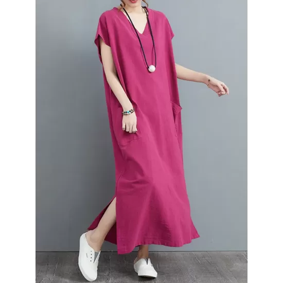 Simple Ramie Cotton Solid Color Split-Side With Pocket V-Neck Short Sleeves Maxi Dress Simple Ramie Cotton Solid Color Split-Side With Pocket V-Neck Short Sleeves Maxi Dress