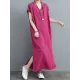 Simple Ramie Cotton Solid Color Split-Side With Pocket V-Neck Short Sleeves Maxi Dress Simple Ramie Cotton Solid Color Split-Side With Pocket V-Neck Short Sleeves Maxi Dress