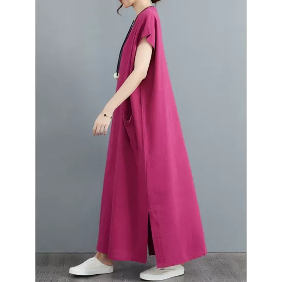 Simple Ramie Cotton Solid Color Split-Side With Pocket V-Neck Short Sleeves Maxi Dress Simple Ramie Cotton Solid Color Split-Side With Pocket V-Neck Short Sleeves Maxi Dress