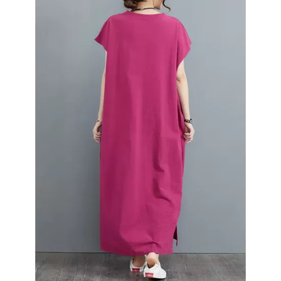 Simple Ramie Cotton Solid Color Split-Side With Pocket V-Neck Short Sleeves Maxi Dress Simple Ramie Cotton Solid Color Split-Side With Pocket V-Neck Short Sleeves Maxi Dress