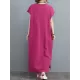 Simple Ramie Cotton Solid Color Split-Side With Pocket V-Neck Short Sleeves Maxi Dress Simple Ramie Cotton Solid Color Split-Side With Pocket V-Neck Short Sleeves Maxi Dress