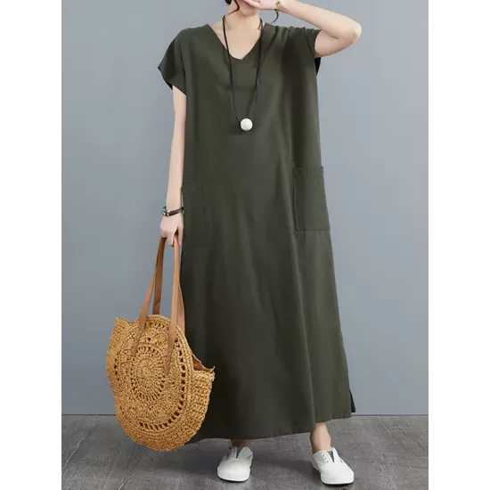 Simple Ramie Cotton Solid Color Split-Side With Pocket V-Neck Short Sleeves Maxi Dress Simple Ramie Cotton Solid Color Split-Side With Pocket V-Neck Short Sleeves Maxi Dress