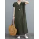 Simple Ramie Cotton Solid Color Split-Side With Pocket V-Neck Short Sleeves Maxi Dress Simple Ramie Cotton Solid Color Split-Side With Pocket V-Neck Short Sleeves Maxi Dress