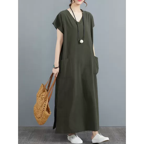 Simple Ramie Cotton Solid Color Split-Side With Pocket V-Neck Short Sleeves Maxi Dress Simple Ramie Cotton Solid Color Split-Side With Pocket V-Neck Short Sleeves Maxi Dress