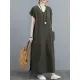 Simple Ramie Cotton Solid Color Split-Side With Pocket V-Neck Short Sleeves Maxi Dress Simple Ramie Cotton Solid Color Split-Side With Pocket V-Neck Short Sleeves Maxi Dress