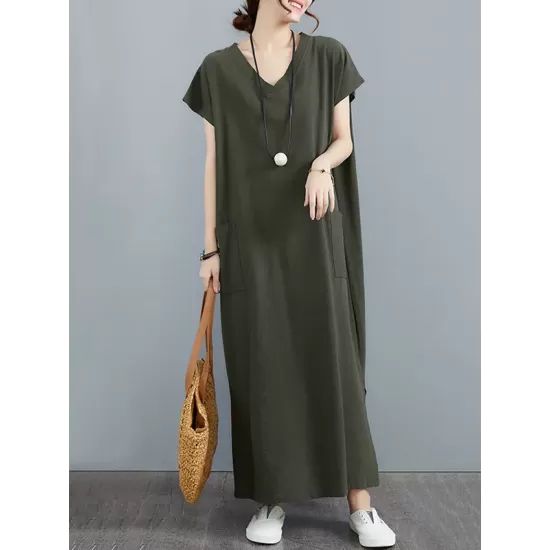 Simple Ramie Cotton Solid Color Split-Side With Pocket V-Neck Short Sleeves Maxi Dress Simple Ramie Cotton Solid Color Split-Side With Pocket V-Neck Short Sleeves Maxi Dress