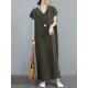 Simple Ramie Cotton Solid Color Split-Side With Pocket V-Neck Short Sleeves Maxi Dress Simple Ramie Cotton Solid Color Split-Side With Pocket V-Neck Short Sleeves Maxi Dress