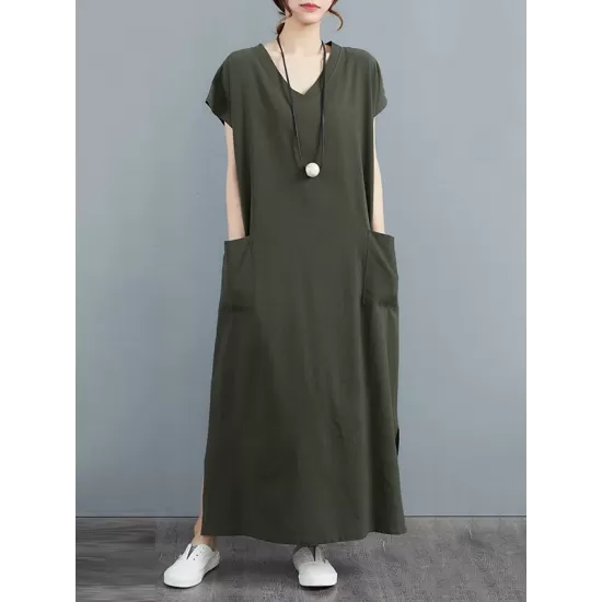 Simple Ramie Cotton Solid Color Split-Side With Pocket V-Neck Short Sleeves Maxi Dress Simple Ramie Cotton Solid Color Split-Side With Pocket V-Neck Short Sleeves Maxi Dress