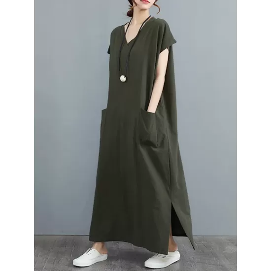 Simple Ramie Cotton Solid Color Split-Side With Pocket V-Neck Short Sleeves Maxi Dress Simple Ramie Cotton Solid Color Split-Side With Pocket V-Neck Short Sleeves Maxi Dress