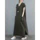 Simple Ramie Cotton Solid Color Split-Side With Pocket V-Neck Short Sleeves Maxi Dress Simple Ramie Cotton Solid Color Split-Side With Pocket V-Neck Short Sleeves Maxi Dress