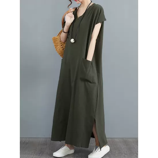 Simple Ramie Cotton Solid Color Split-Side With Pocket V-Neck Short Sleeves Maxi Dress Simple Ramie Cotton Solid Color Split-Side With Pocket V-Neck Short Sleeves Maxi Dress