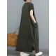 Simple Ramie Cotton Solid Color Split-Side With Pocket V-Neck Short Sleeves Maxi Dress Simple Ramie Cotton Solid Color Split-Side With Pocket V-Neck Short Sleeves Maxi Dress