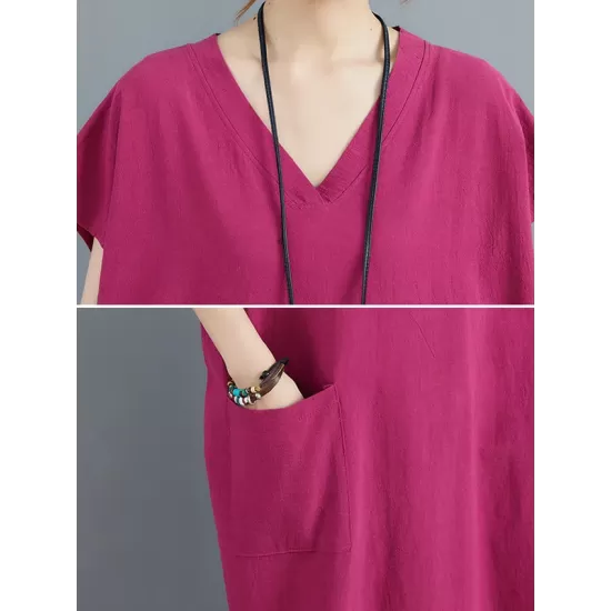 Simple Ramie Cotton Solid Color Split-Side With Pocket V-Neck Short Sleeves Maxi Dress Simple Ramie Cotton Solid Color Split-Side With Pocket V-Neck Short Sleeves Maxi Dress