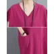 Simple Ramie Cotton Solid Color Split-Side With Pocket V-Neck Short Sleeves Maxi Dress Simple Ramie Cotton Solid Color Split-Side With Pocket V-Neck Short Sleeves Maxi Dress