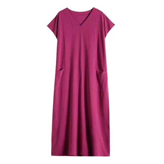 Simple Ramie Cotton Solid Color Split-Side With Pocket V-Neck Short Sleeves Maxi Dress Simple Ramie Cotton Solid Color Split-Side With Pocket V-Neck Short Sleeves Maxi Dress