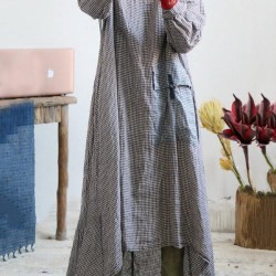 Loose Vintage Linen Plaid Round-neck Long Dress