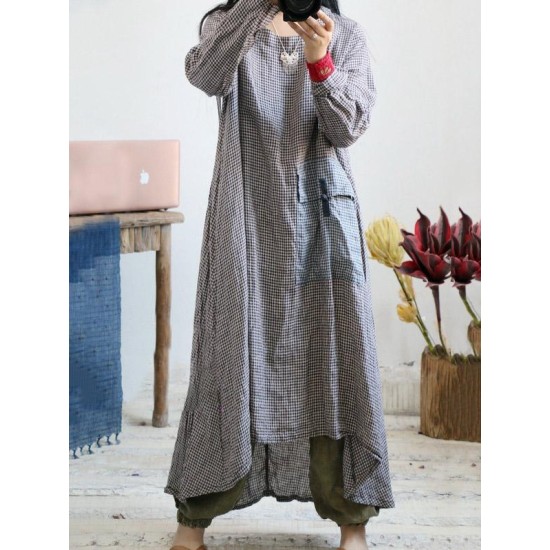 Loose Vintage Linen Plaid Round-neck Long Dress Loose Vintage Linen Plaid Round-neck Long Dress