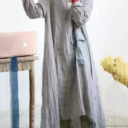 Loose Vintage Linen Plaid Round-neck Long Dress