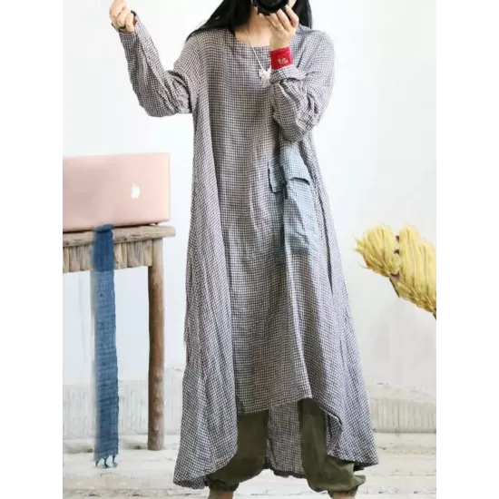 Loose Vintage Linen Plaid Round-neck Long Dress Loose Vintage Linen Plaid Round-neck Long Dress