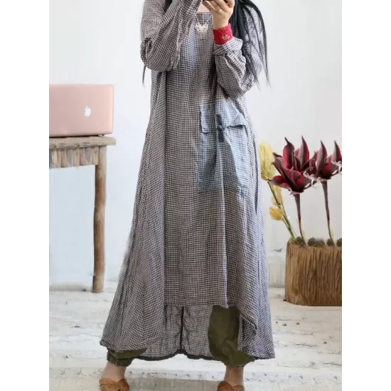 Loose Vintage Linen Plaid Round-neck Long Dress Loose Vintage Linen Plaid Round-neck Long Dress