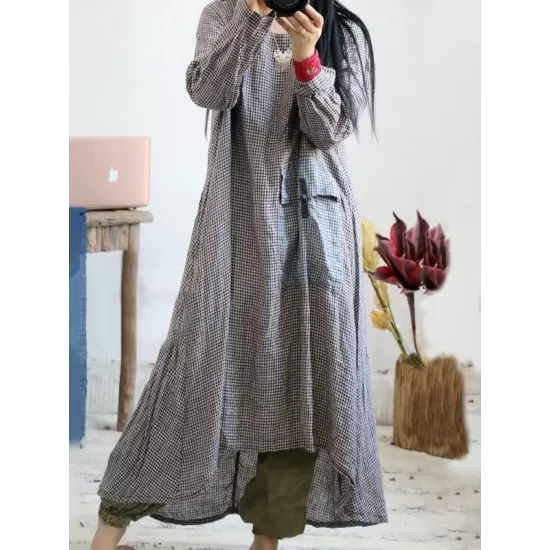 Loose Vintage Linen Plaid Round-neck Long Dress Loose Vintage Linen Plaid Round-neck Long Dress