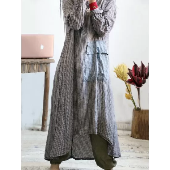 Loose Vintage Linen Plaid Round-neck Long Dress Loose Vintage Linen Plaid Round-neck Long Dress