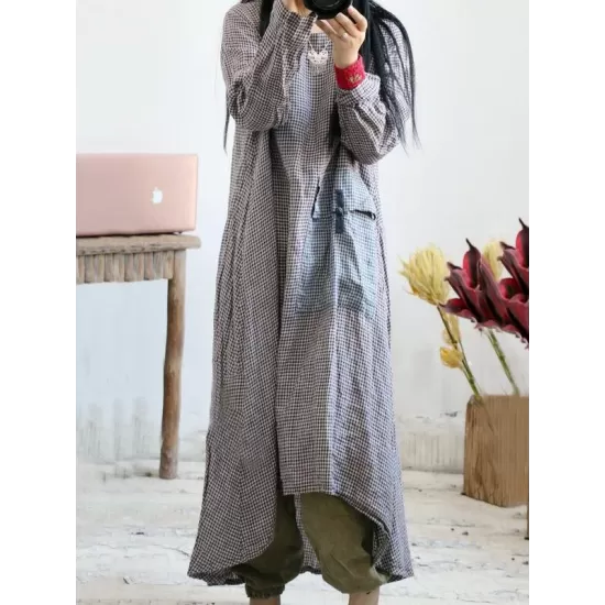 Loose Vintage Linen Plaid Round-neck Long Dress Loose Vintage Linen Plaid Round-neck Long Dress
