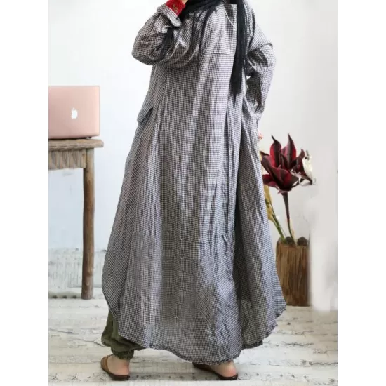 Loose Vintage Linen Plaid Round-neck Long Dress Loose Vintage Linen Plaid Round-neck Long Dress