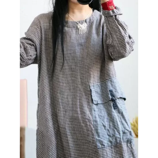 Loose Vintage Linen Plaid Round-neck Long Dress Loose Vintage Linen Plaid Round-neck Long Dress
