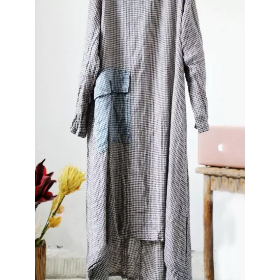 Loose Vintage Linen Plaid Round-neck Long Dress Loose Vintage Linen Plaid Round-neck Long Dress