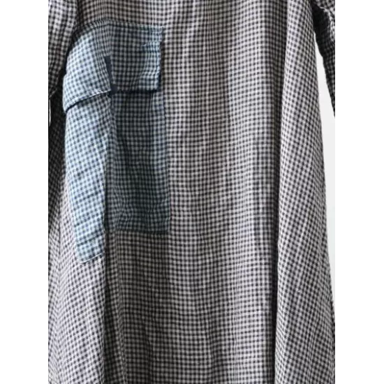 Loose Vintage Linen Plaid Round-neck Long Dress Loose Vintage Linen Plaid Round-neck Long Dress
