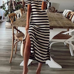 Printed Split-Side Striped A-Line Loose V-Neck Midi Dresses