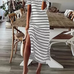 Printed Split-Side Striped A-Line Loose V-Neck Midi Dresses