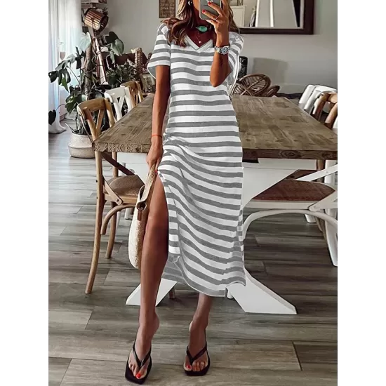 Printed Split-Side Striped A-Line Loose V-Neck Midi Dresses Printed Split-Side Striped A-Line Loose V-Neck Midi Dresses