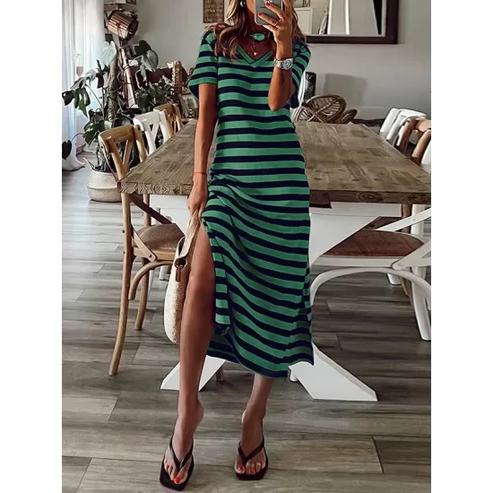 Printed Split-Side Striped A-Line Loose V-Neck Midi Dresses Printed Split-Side Striped A-Line Loose V-Neck Midi Dresses