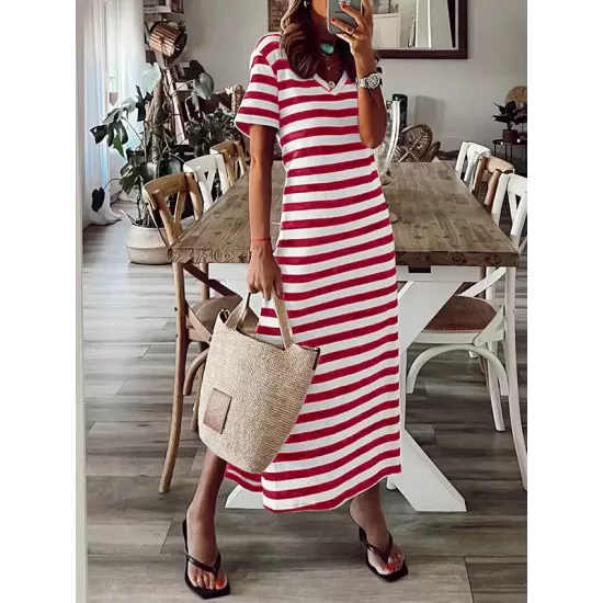 Printed Split-Side Striped A-Line Loose V-Neck Midi Dresses Printed Split-Side Striped A-Line Loose V-Neck Midi Dresses