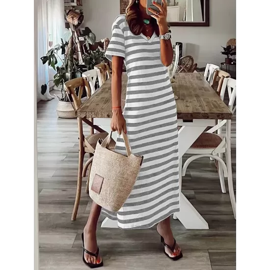 Printed Split-Side Striped A-Line Loose V-Neck Midi Dresses Printed Split-Side Striped A-Line Loose V-Neck Midi Dresses