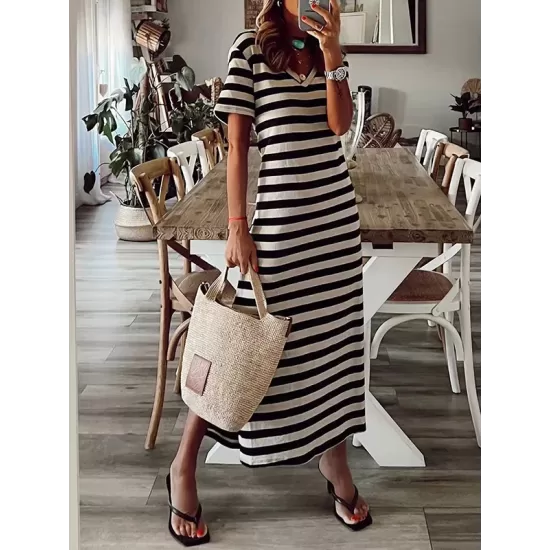 Printed Split-Side Striped A-Line Loose V-Neck Midi Dresses Printed Split-Side Striped A-Line Loose V-Neck Midi Dresses