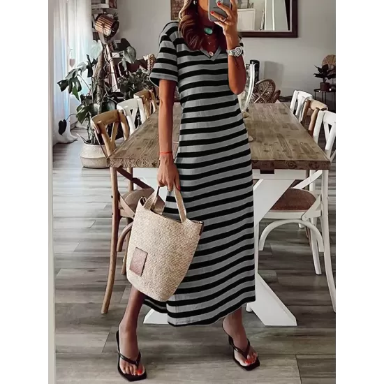 Printed Split-Side Striped A-Line Loose V-Neck Midi Dresses Printed Split-Side Striped A-Line Loose V-Neck Midi Dresses