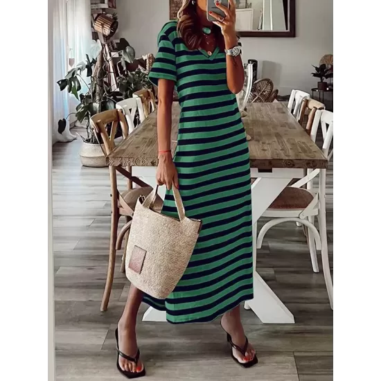 Printed Split-Side Striped A-Line Loose V-Neck Midi Dresses Printed Split-Side Striped A-Line Loose V-Neck Midi Dresses