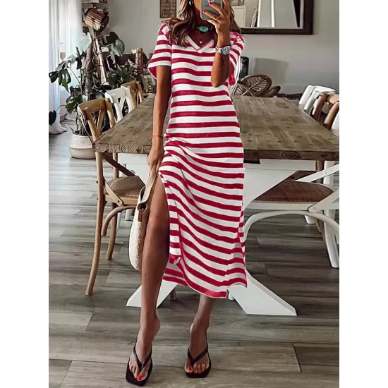 Printed Split-Side Striped A-Line Loose V-Neck Midi Dresses Printed Split-Side Striped A-Line Loose V-Neck Midi Dresses