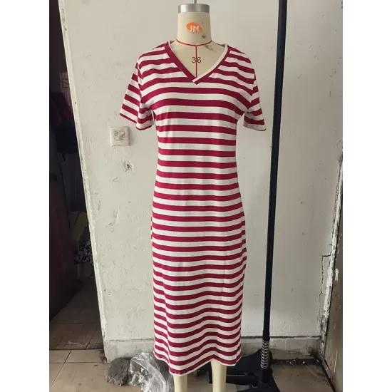 Printed Split-Side Striped A-Line Loose V-Neck Midi Dresses Printed Split-Side Striped A-Line Loose V-Neck Midi Dresses