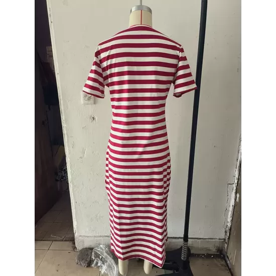 Printed Split-Side Striped A-Line Loose V-Neck Midi Dresses Printed Split-Side Striped A-Line Loose V-Neck Midi Dresses