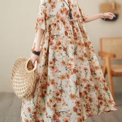 Floral Printed Pleated Split-Joint Loose Raglan Sleeve Round-Neck Midi Dresses