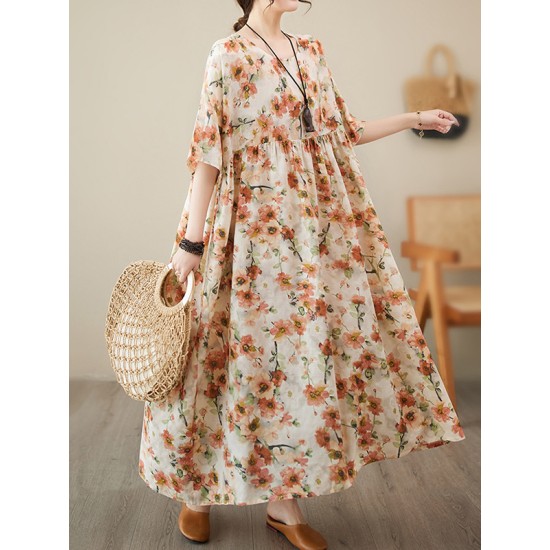 Floral Printed Pleated Split-Joint Loose Raglan Sleeve Round-Neck Midi Dresses Floral Printed Pleated Split-Joint Loose Raglan Sleeve Round-Neck Midi Dresses
