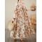 Floral Printed Pleated Split-Joint Loose Raglan Sleeve Round-Neck Midi Dresses