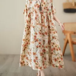 Floral Printed Pleated Split-Joint Loose Raglan Sleeve Round-Neck Midi Dresses