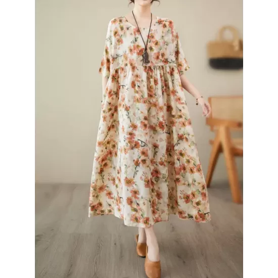 Floral Printed Pleated Split-Joint Loose Raglan Sleeve Round-Neck Midi Dresses Floral Printed Pleated Split-Joint Loose Raglan Sleeve Round-Neck Midi Dresses